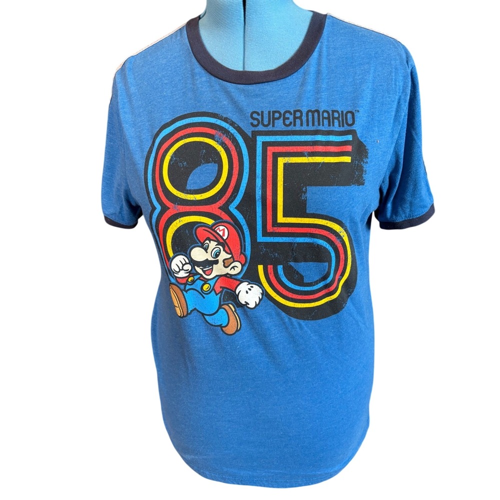 Nintendo Super Mario 85 Graphic Ringer T-Shirt Blue Retro Gaming Mens Large